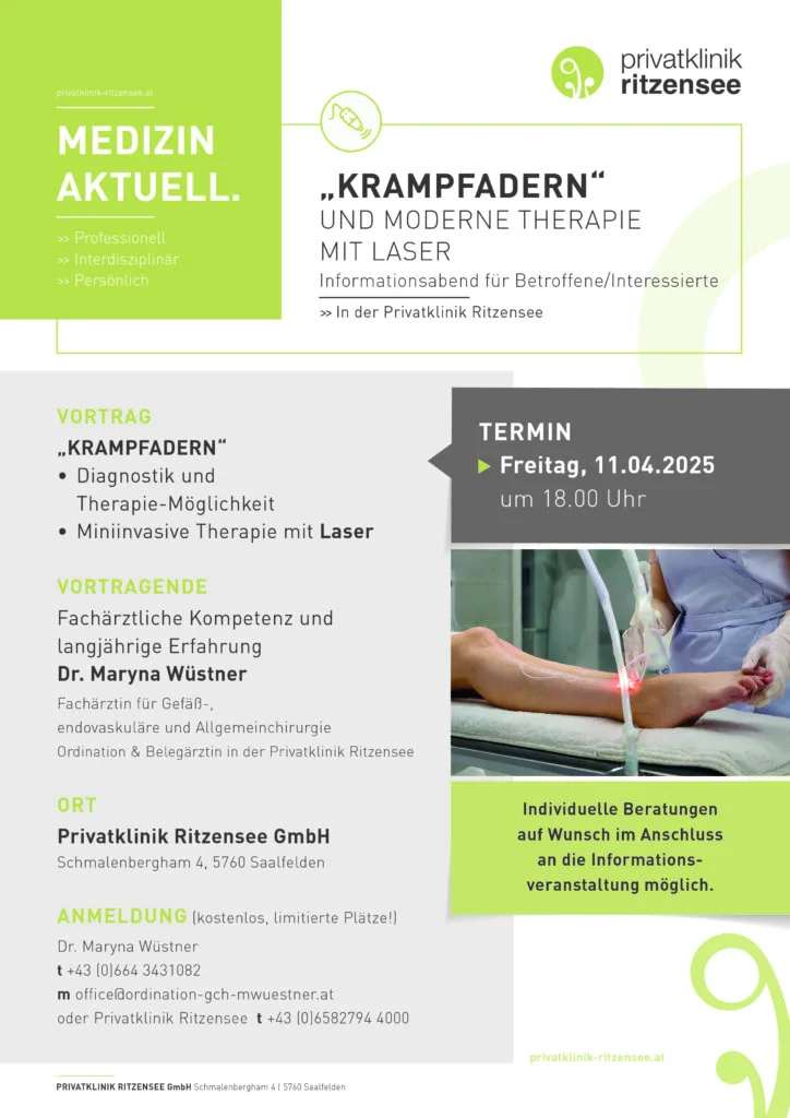 Informationsblatt über Krampfadertherapie und Laserbehandlung in der Privatklinik Ritzensee.